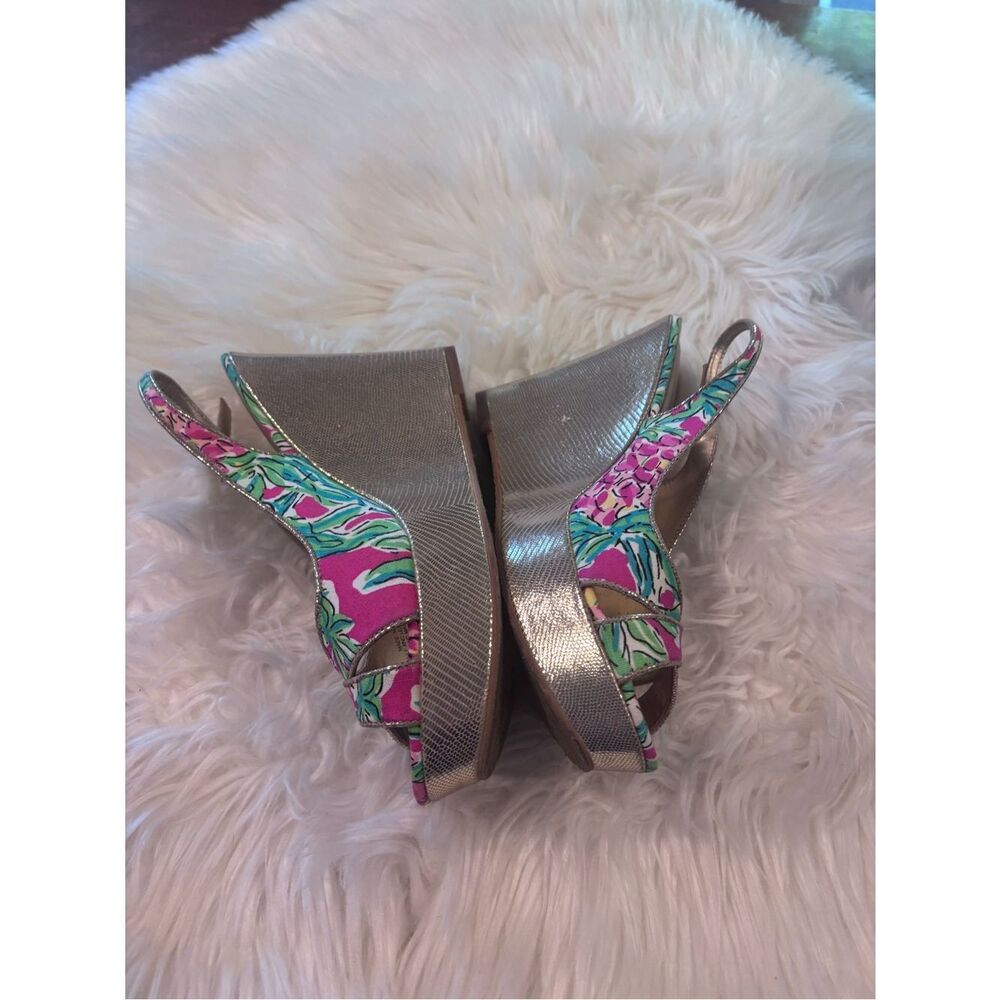 Lilly Pulitzer Pink & Green Floral Slingback Wedge Sandals - Picture 5 of 8